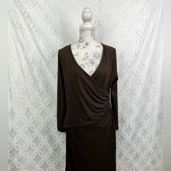 Talbots Petite Surplice Faux Wrap Brown Jersey Dress Size 12 NWT $149 - Picture 4 of 7
